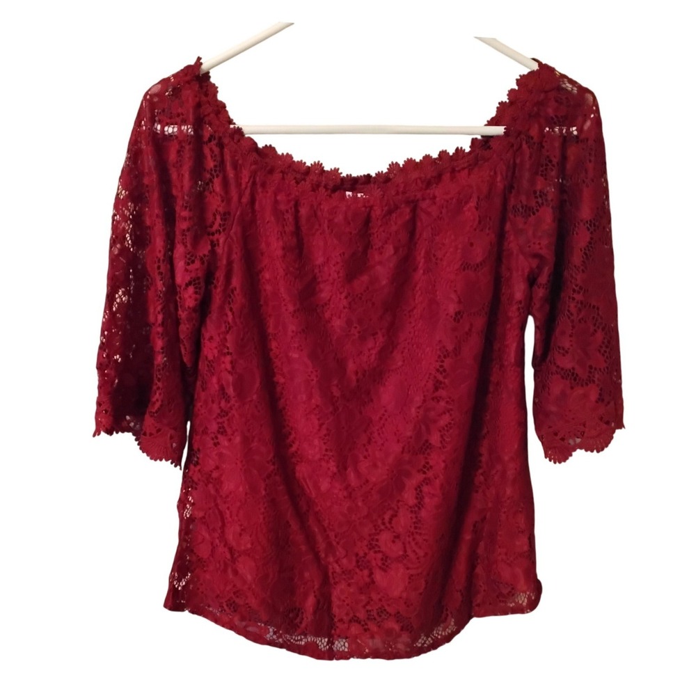 OURS Women Burgundy Red Floral Lace‎ Off The Shoulder Top Crochet Trim Small